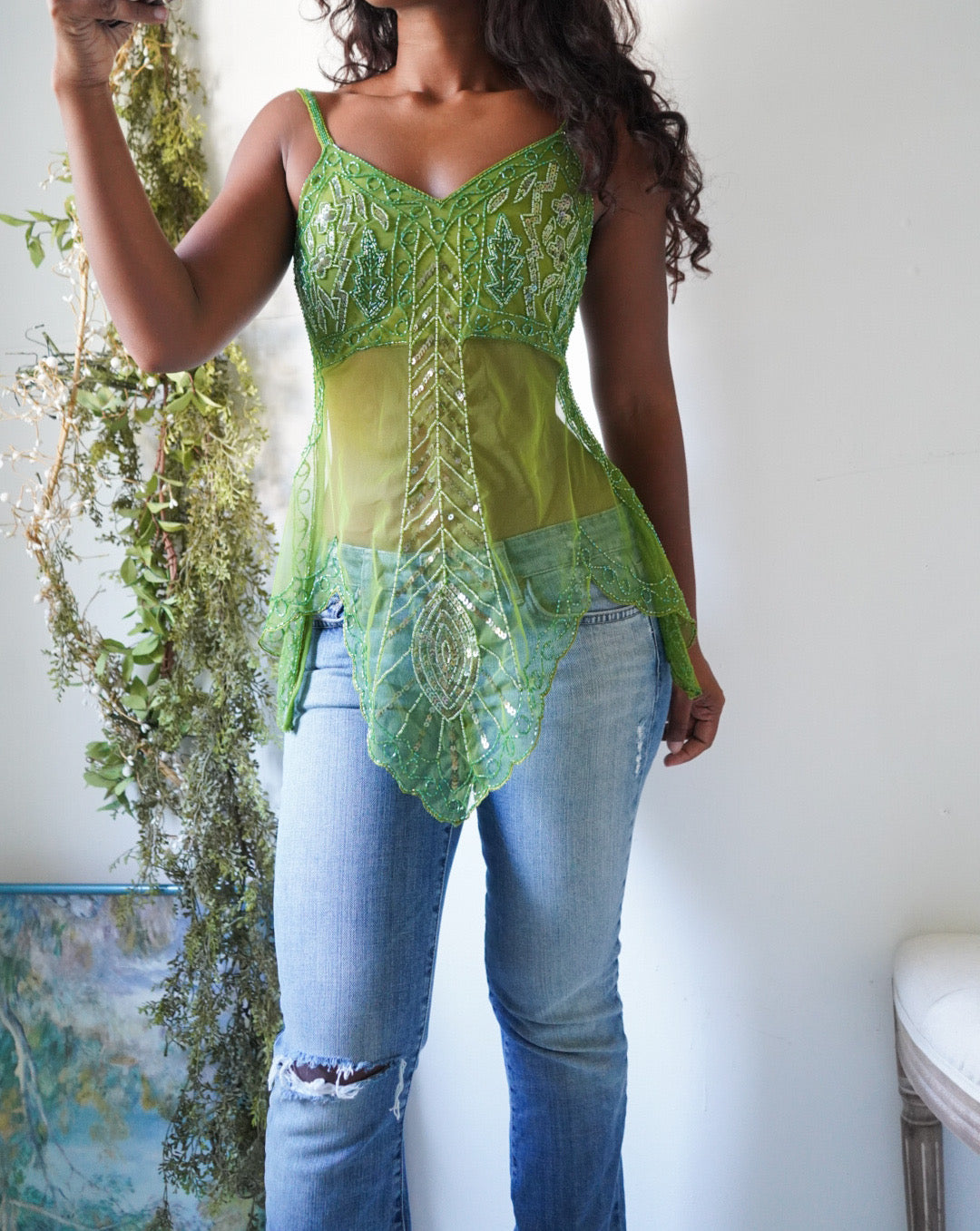 Handmade Beaded Bright Forest Green Fairy Top