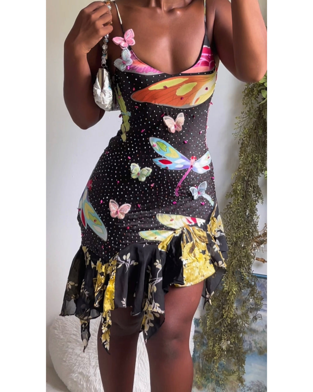 Handmade Reworked Silk Dragonfly Mini Dress