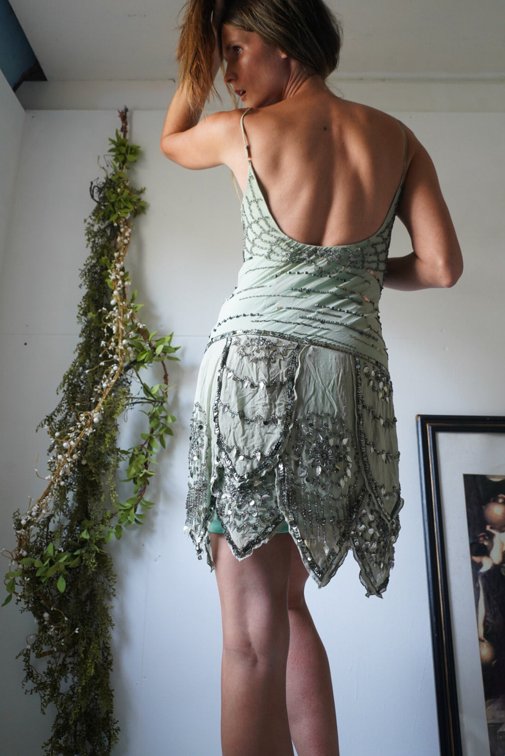 Pale Sage Green Beaded Fairy Mini Dress