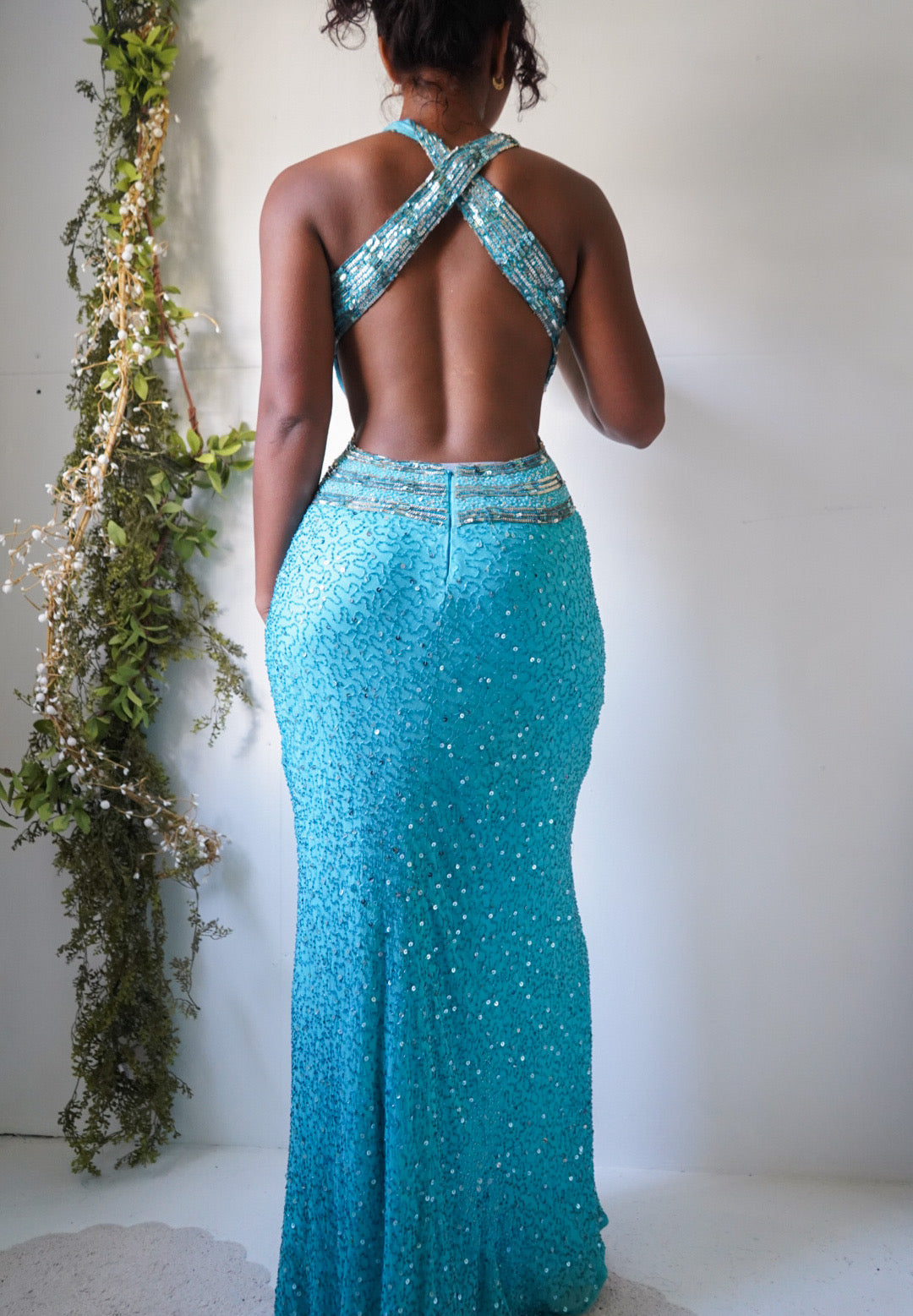 Vintage Y2K Beaded Turquoise Silk Backless Gown