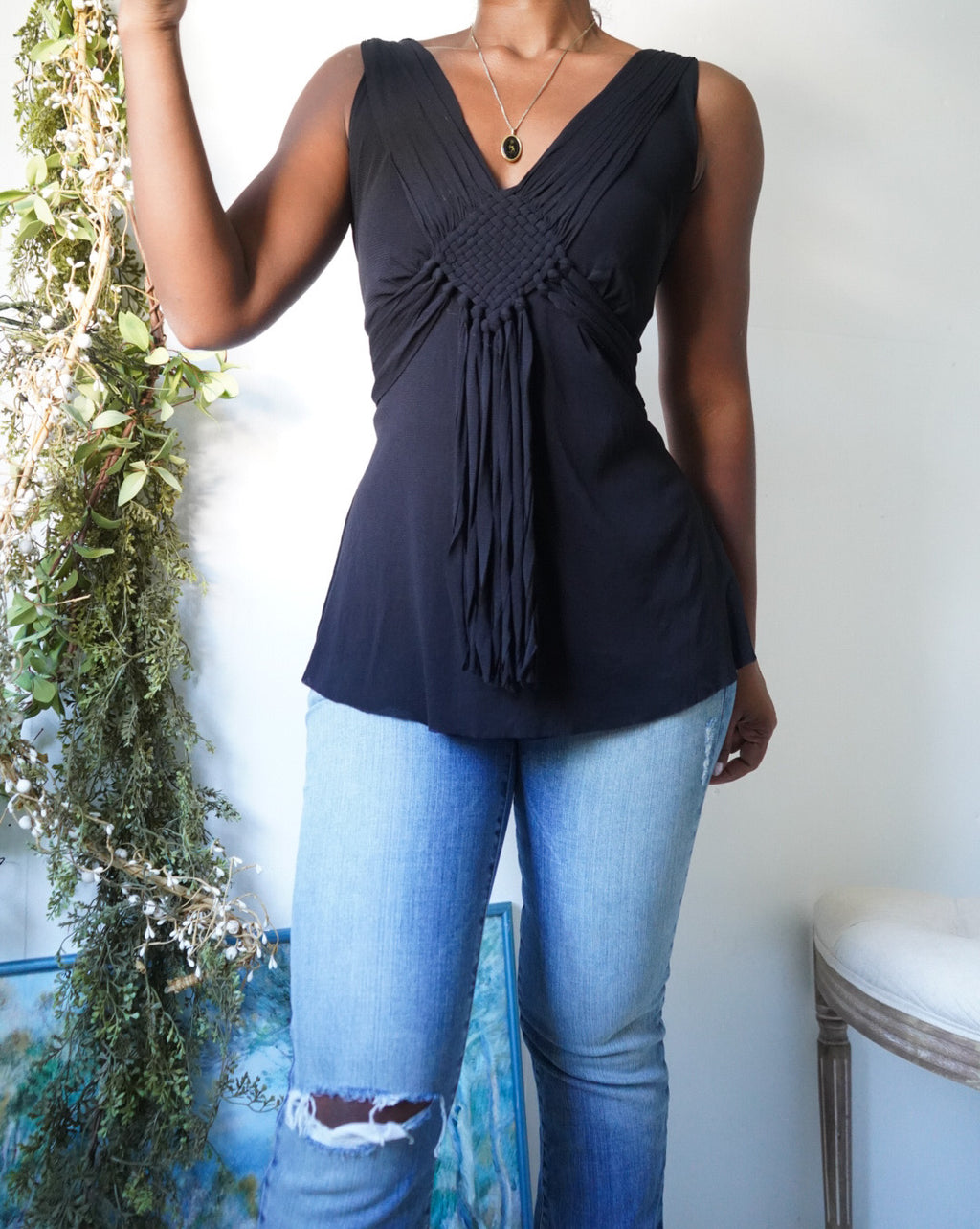 Y2K Black Mesh Fringe Detail Top