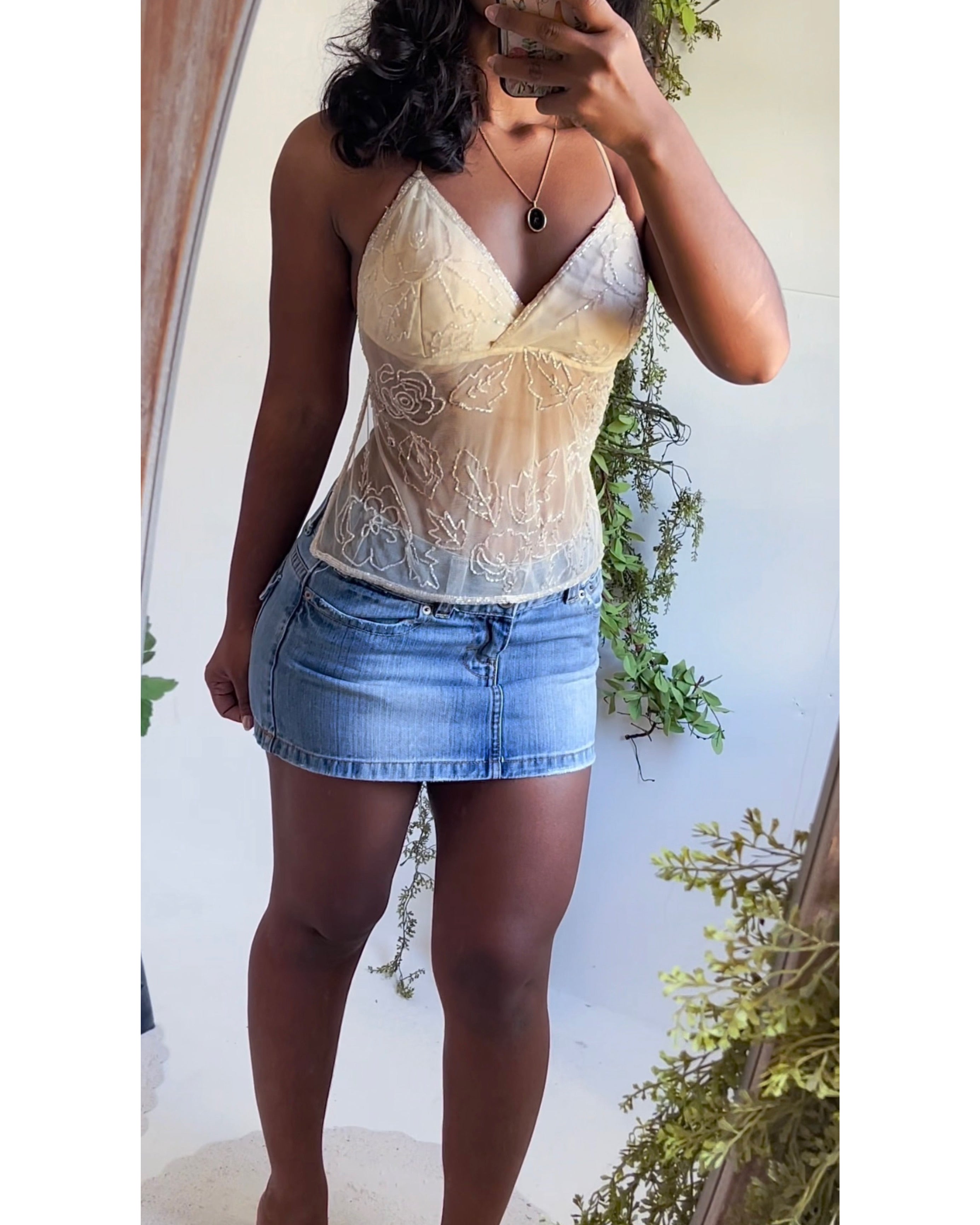 Beaded Cream Mesh Tie Back Top