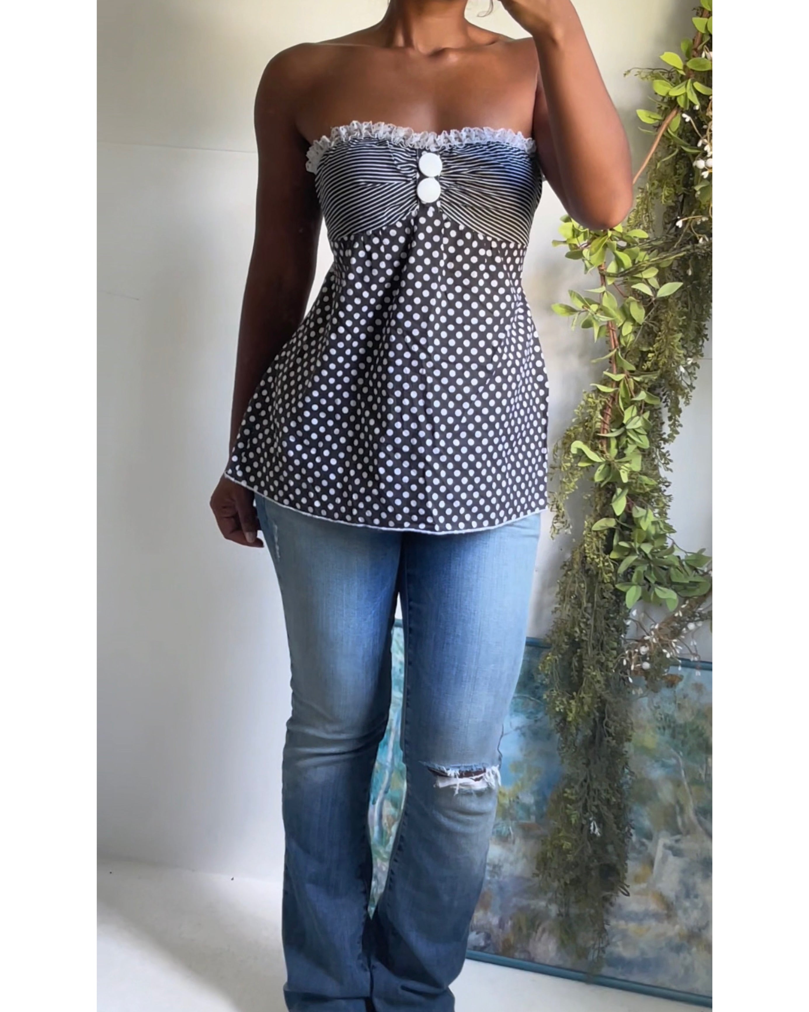 Y2K Monochrome Polka Dot Strapless Babydoll Top