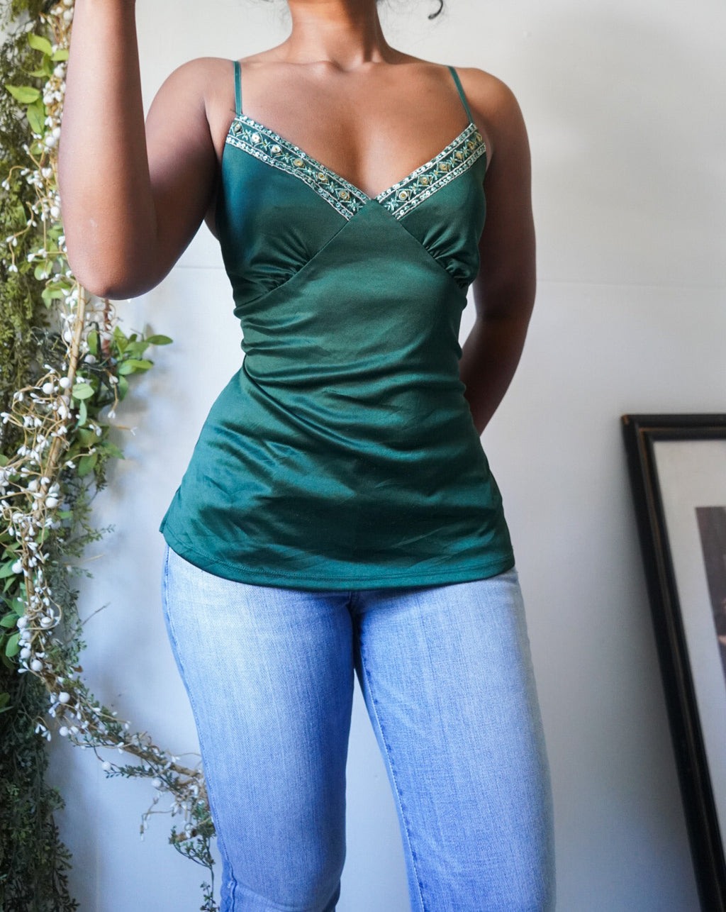 Y2K Dark Green Gold Trim Detail Cami
