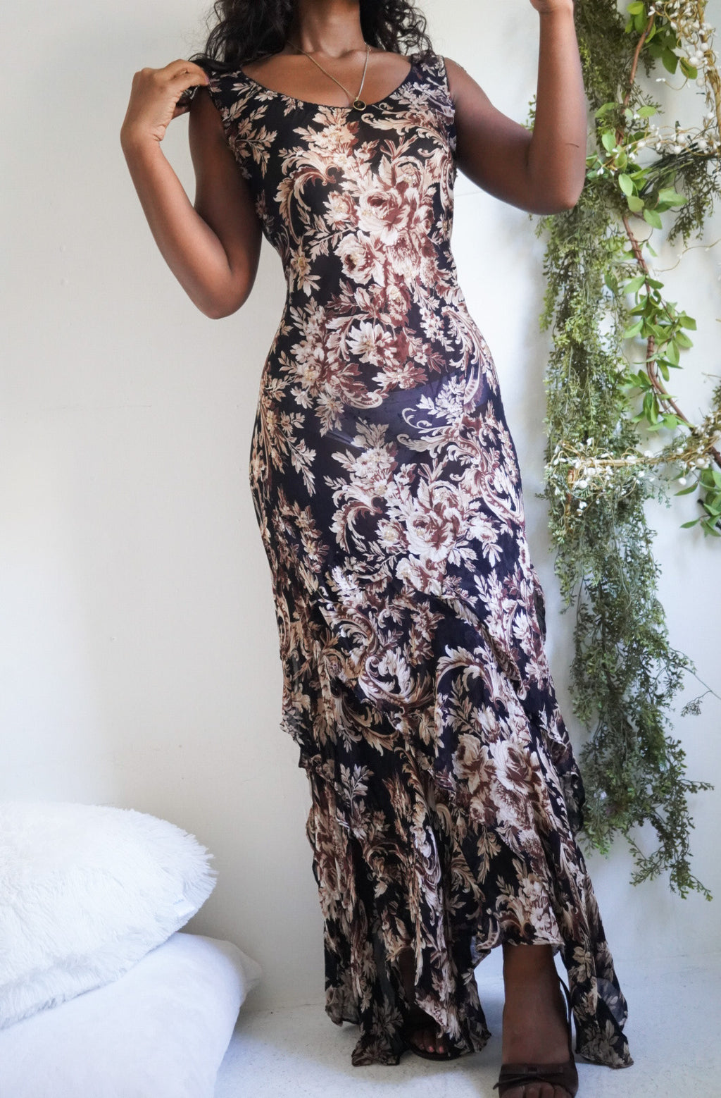 Y2K Fall Floral Ruffle Hem Maxi Dress