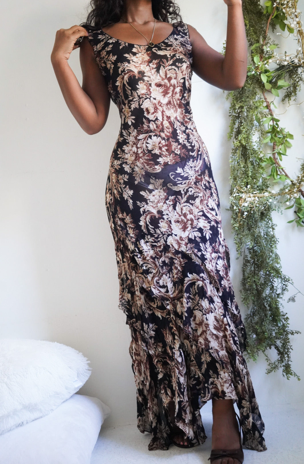 Y2K Fall Floral Ruffle Hem Maxi Dress