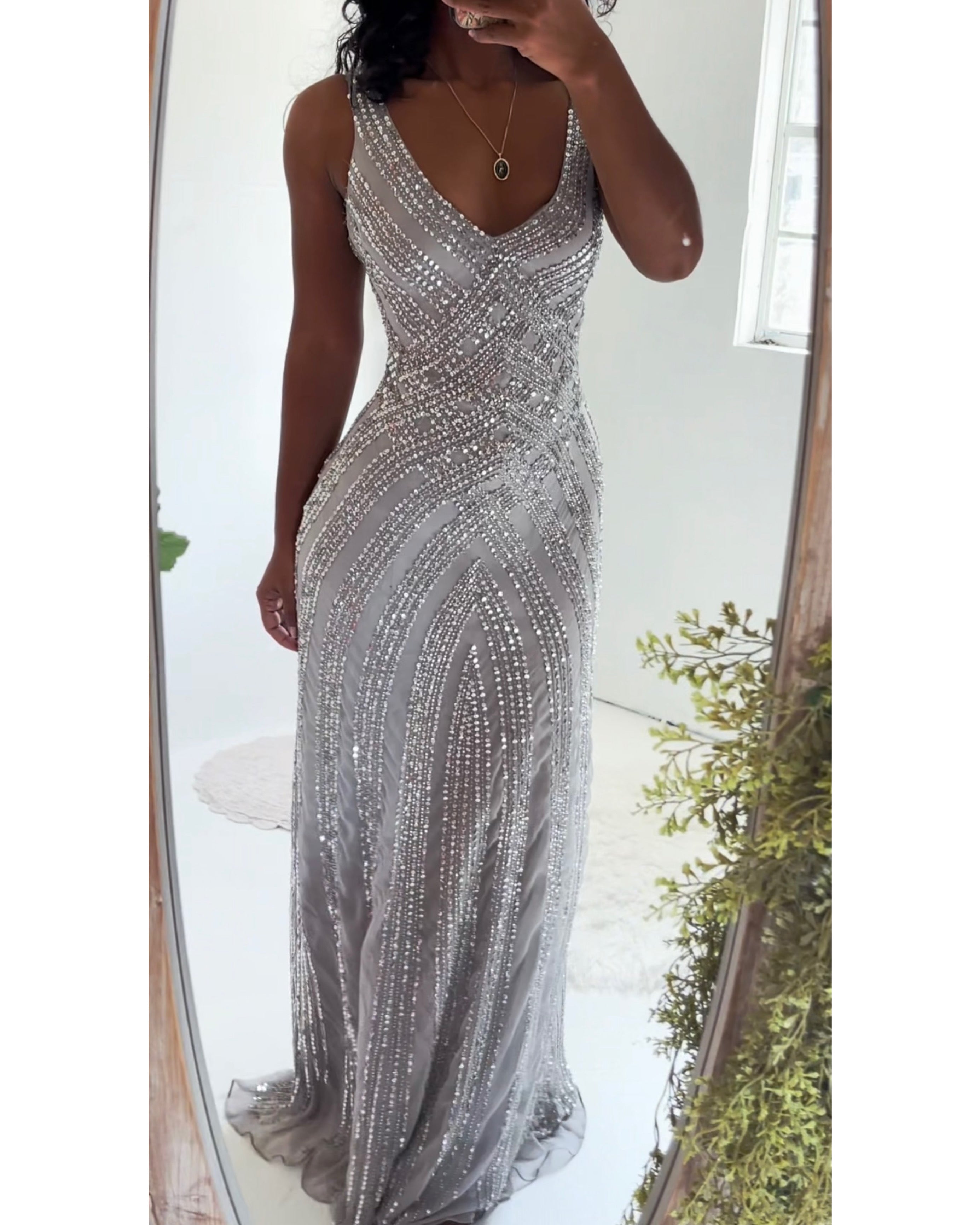 Silver Sequin Beaded Y2K Silk Gown