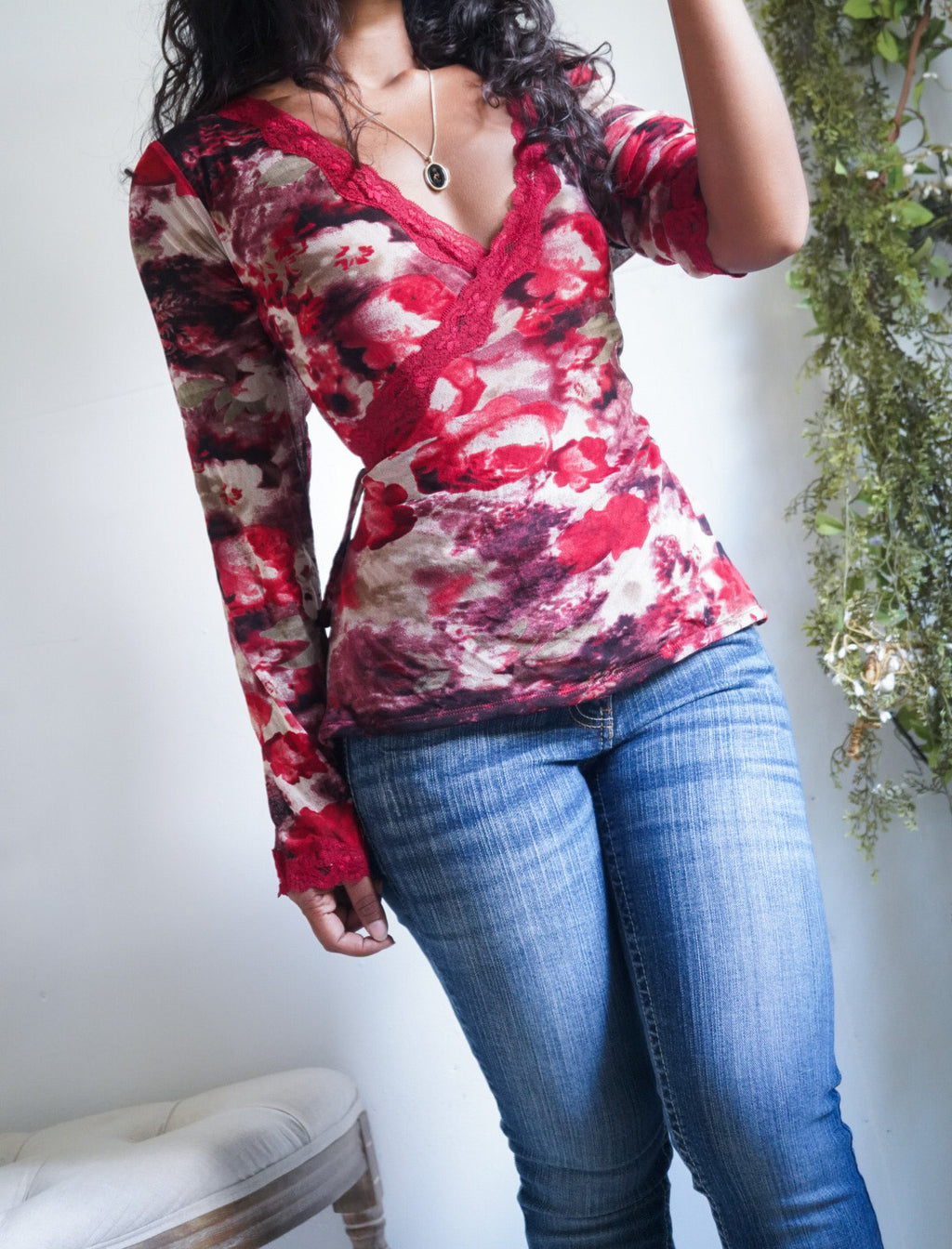 Y2K Red Floral Mesh Long Sleeve Crossover Neckline Top