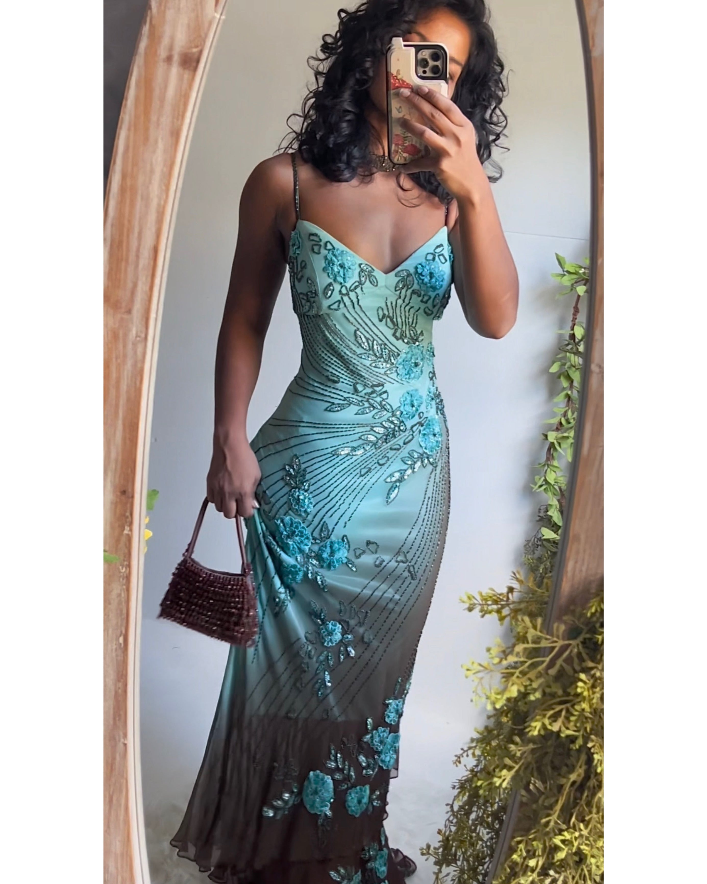 Rare Brown and Turquoise Ombre Beaded Silk Gown