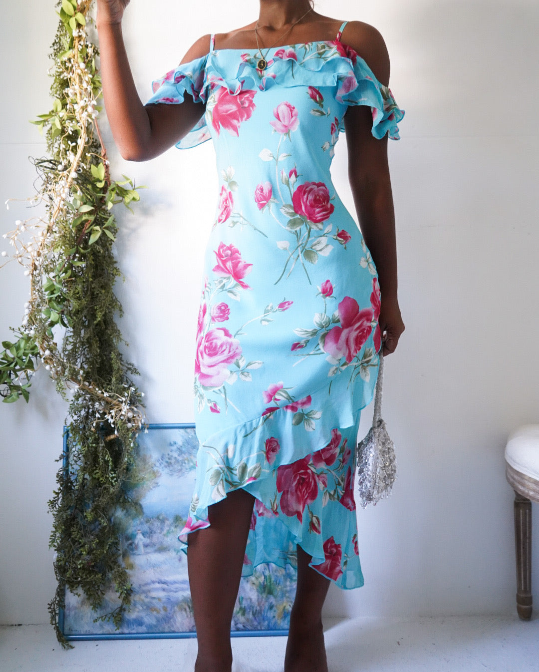 Y2K Turquoise Rose Ruffle Midi Dress