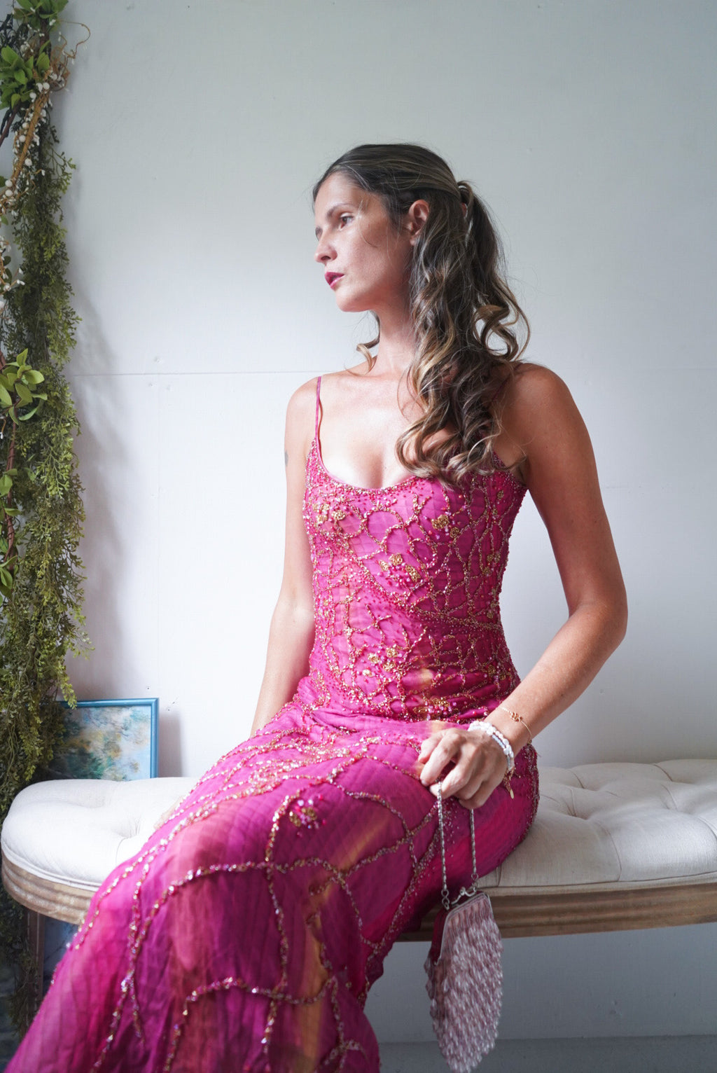 Rare Vintage Y2K Pink Tie Dye Beaded Gown
