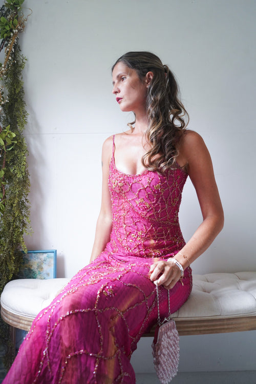 Rare Vintage Y2K Pink Tie Dye Beaded Gown