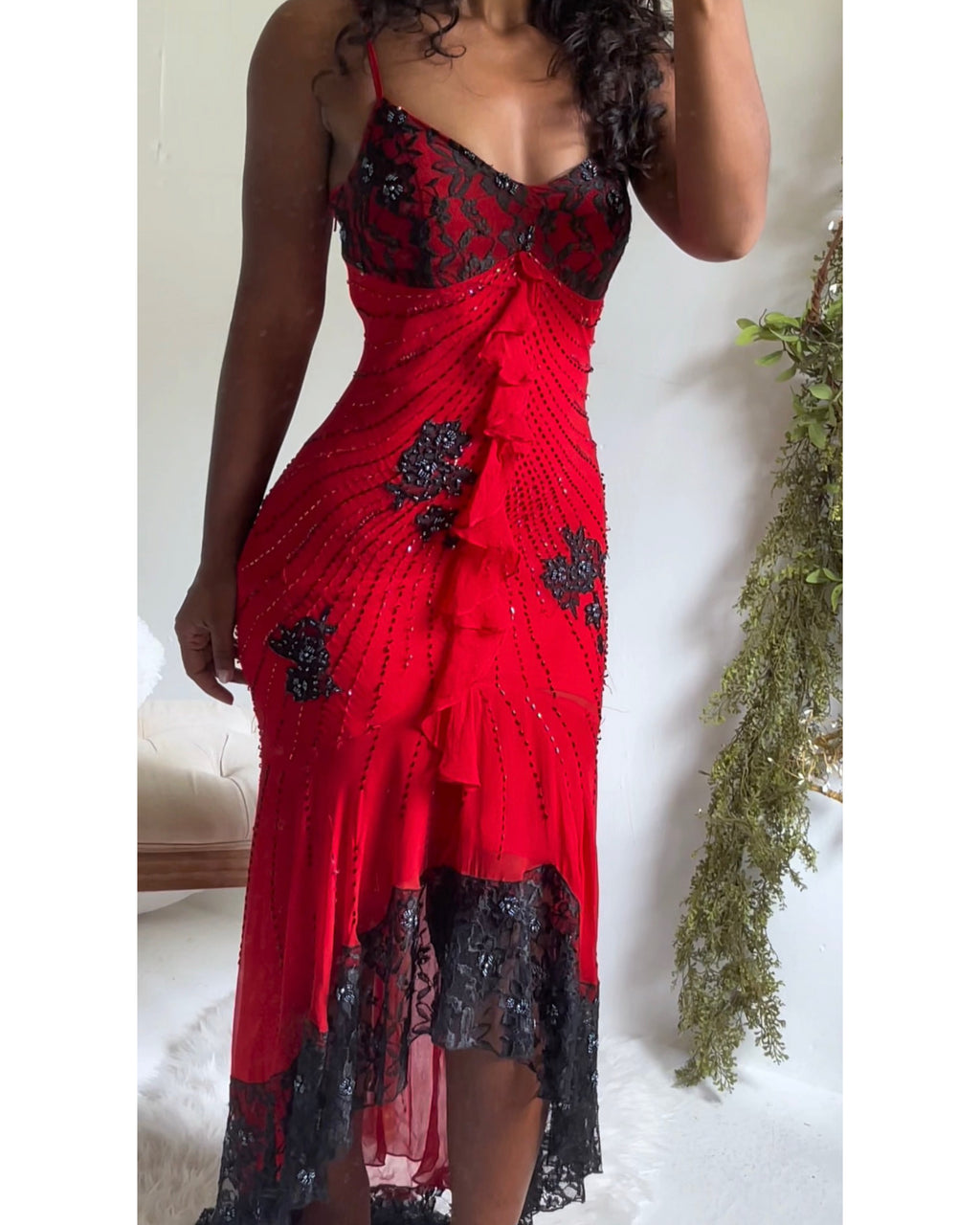 Rare Vintage Y2K Red and Black Lace Beaded Gown