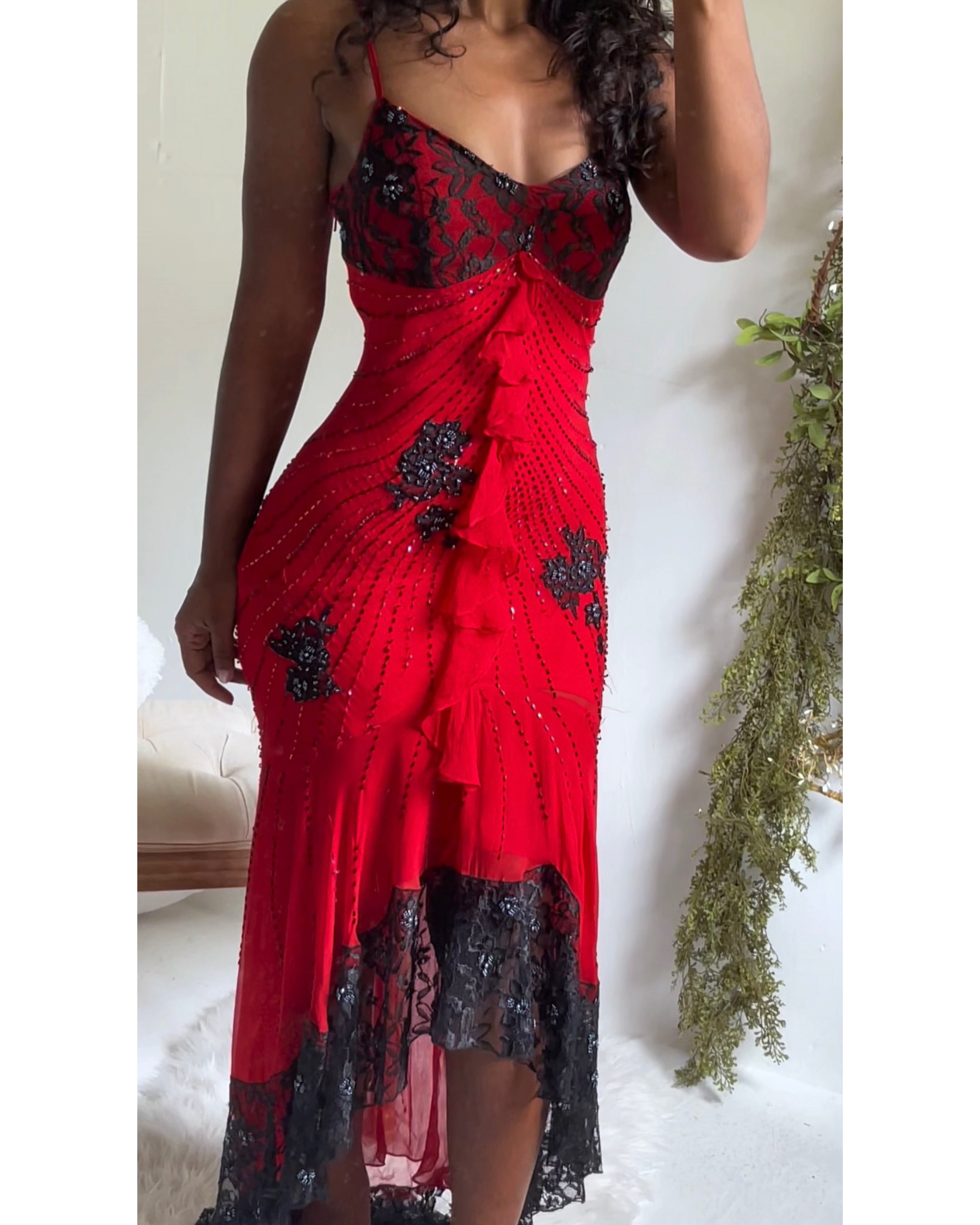 Rare Vintage Y2K Red and Black Lace Beaded Gown