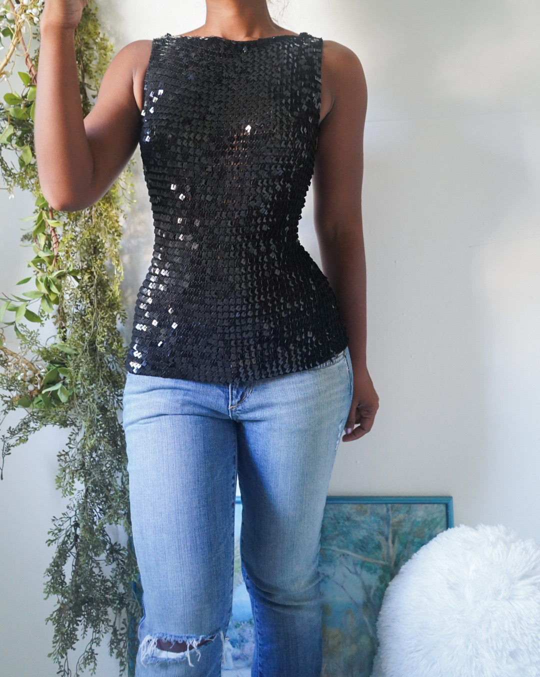 Rare Y2K Black Sequin Crochet Tank