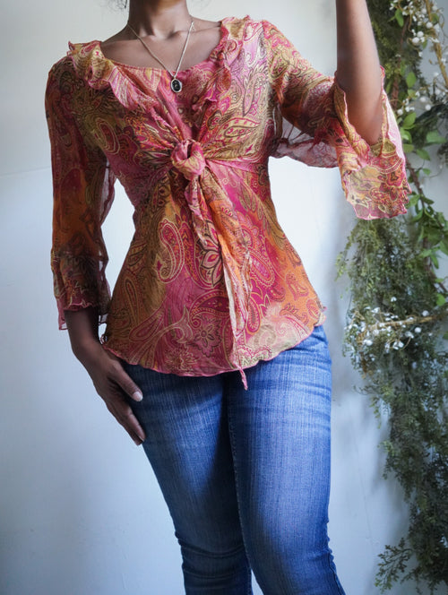Y2K Paisley Boho Silk Top with Attached Shrug