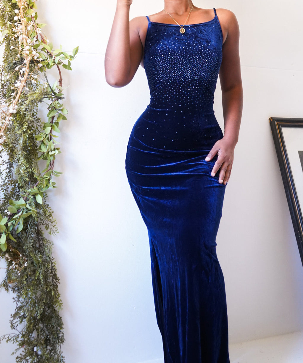 Vintage Midnight Blue Velvet Gown