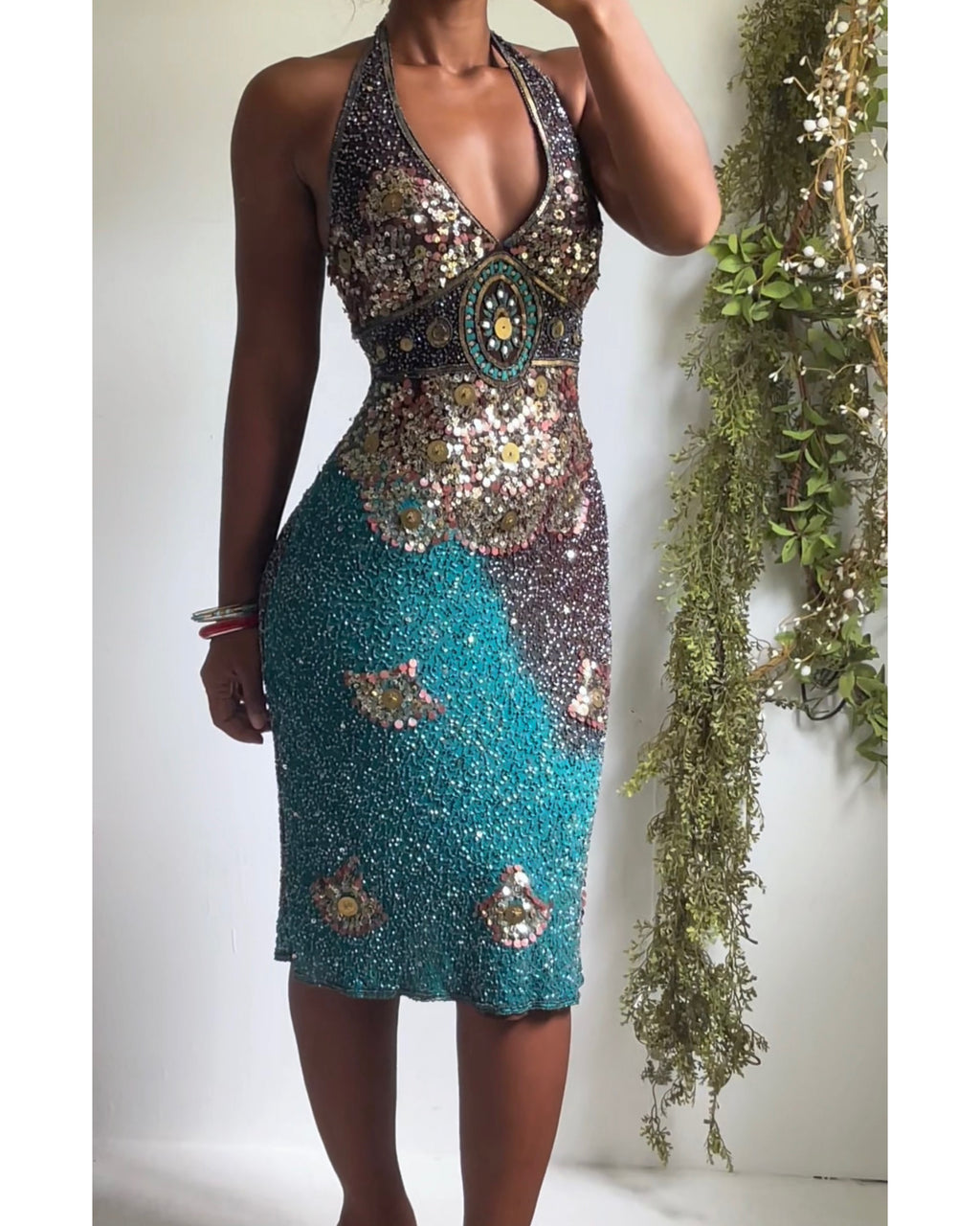 Y2K Brown and Teal Fully Beaded Halter Silk Dress