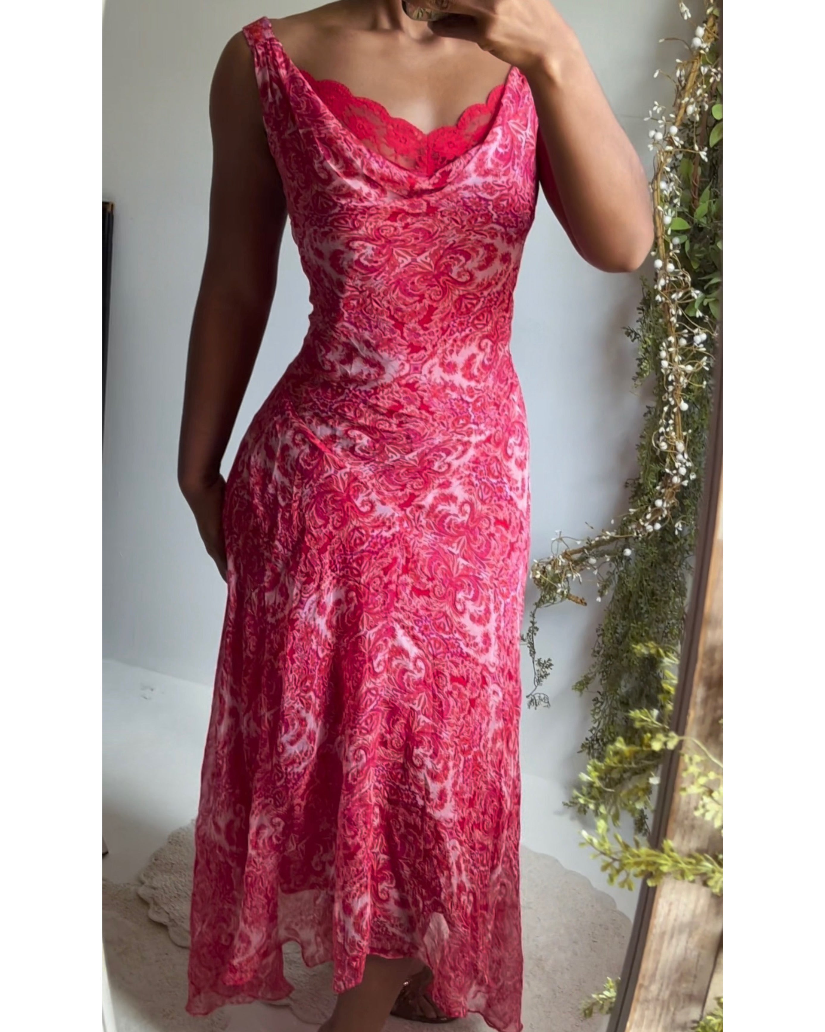 Vintage Y2K Paisley Bright Coral Pink Silk Dress