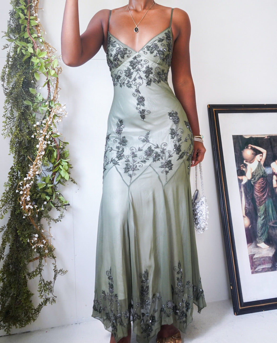 Olive Silk Layered Beaded Fairy Gown