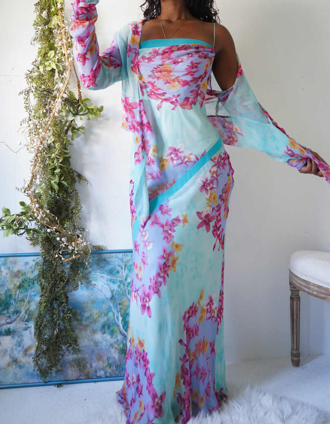 Vintage Y2K Romantic Light Turquoise Floral 2 Piece Gown