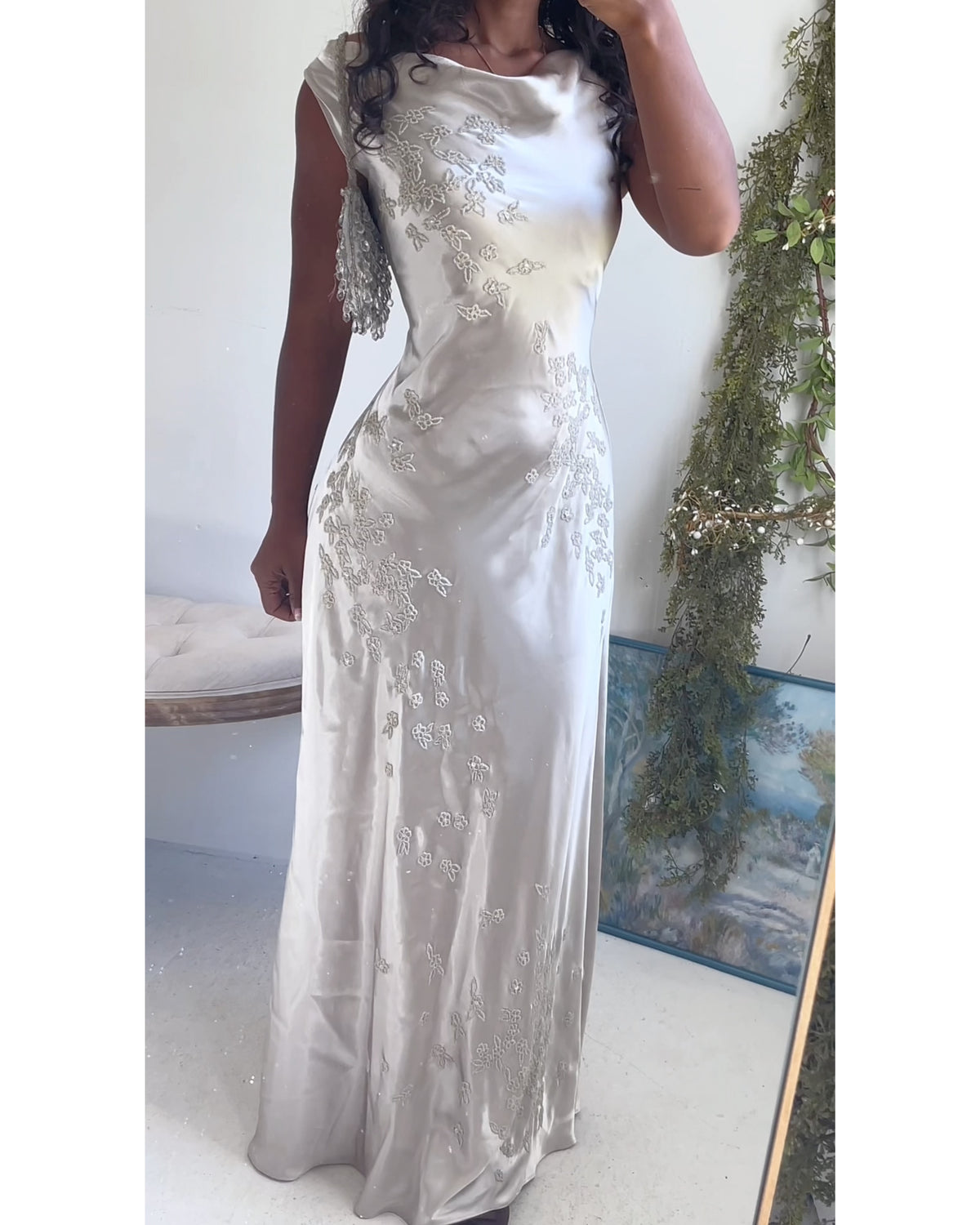 Rare Vintage Pearl Liquid Satin Beaded Gown