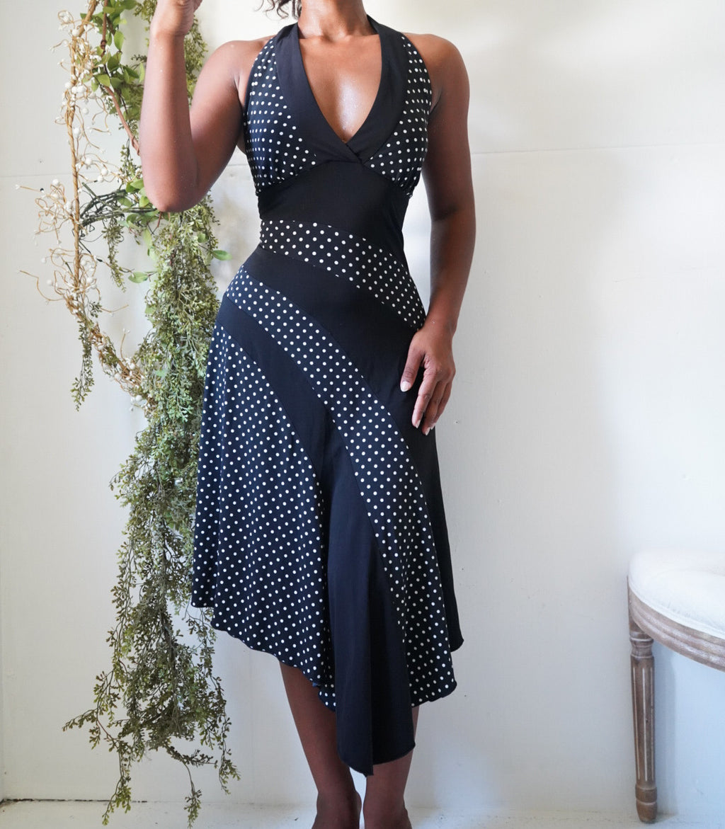 Y2K Monochrome Polka Dot Halter Dress
