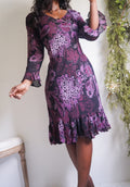 Purple and Black Paisley Floral Y2K Ruffle Sleeve Dress