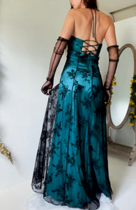 Vintage layered lace up glitter gown