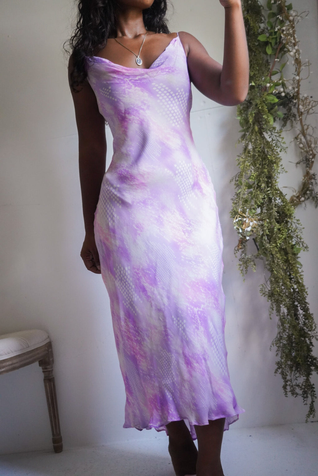 Y2K Abstract Pastel Purple Silk Dress
