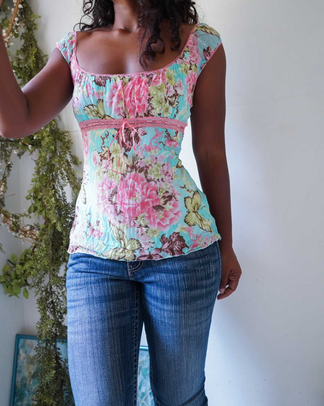 Y2K Romantic Butterfly Crinkle Top