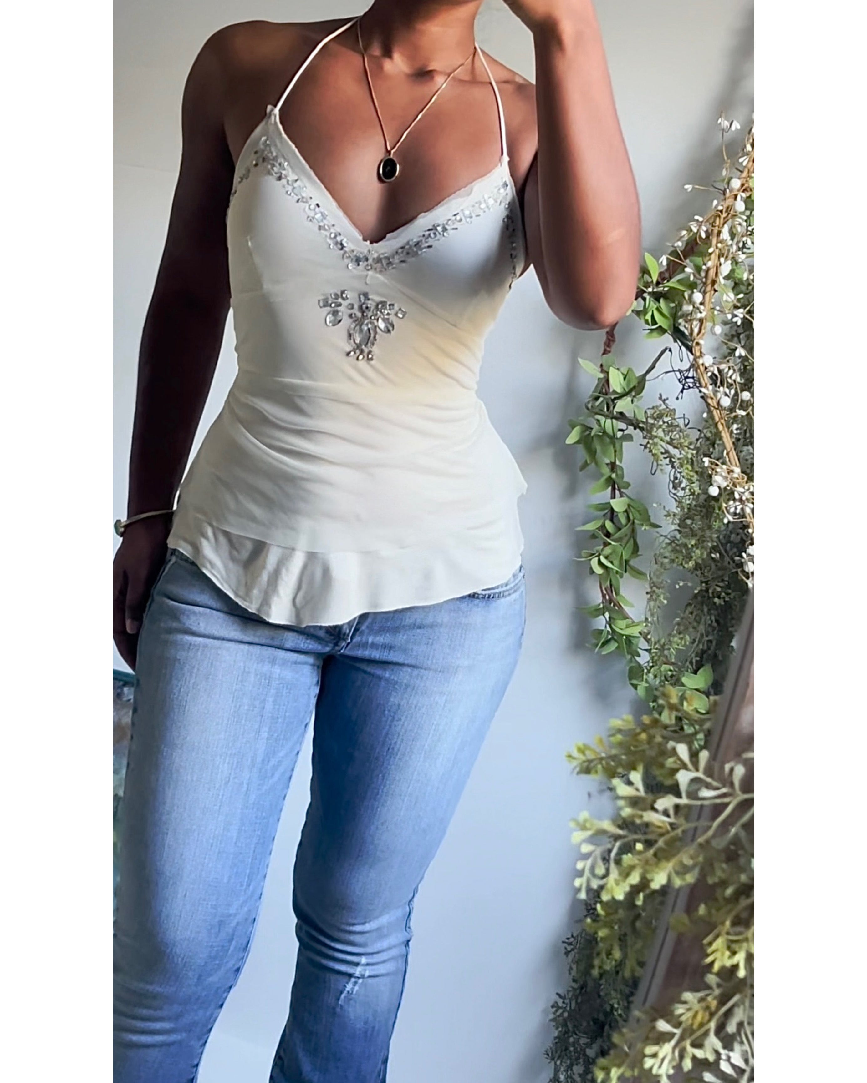 Mesh Layered Ivory Embellished Halter Top