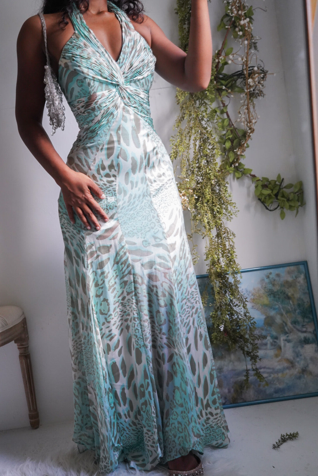 Rare Y2K Pastel Blue Leopard Print Halter Silk Gown