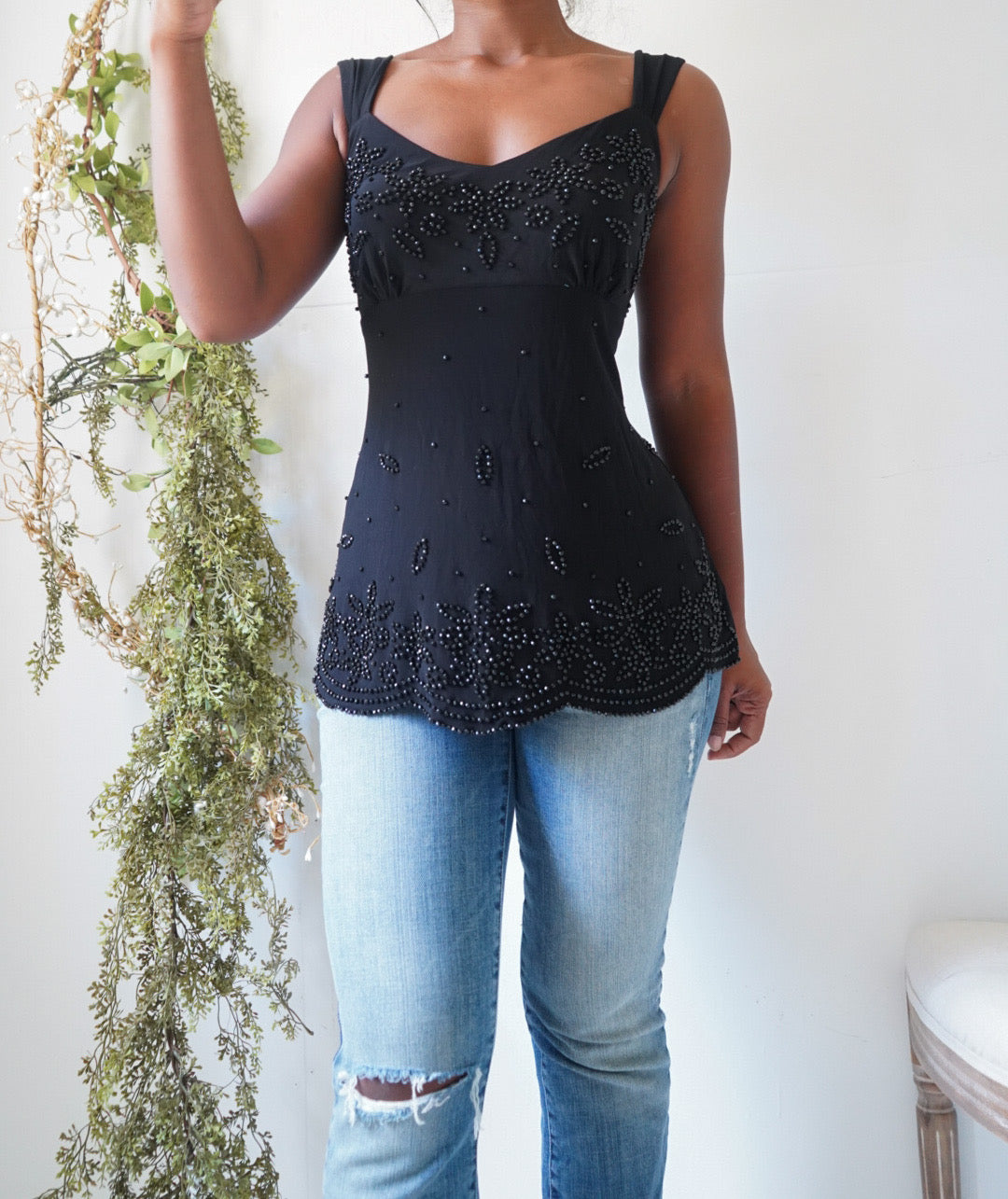 Y2K Embellished Black Babydoll Top