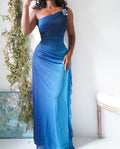 Y2K Blue Gradient Glitter One Shoulder Gown