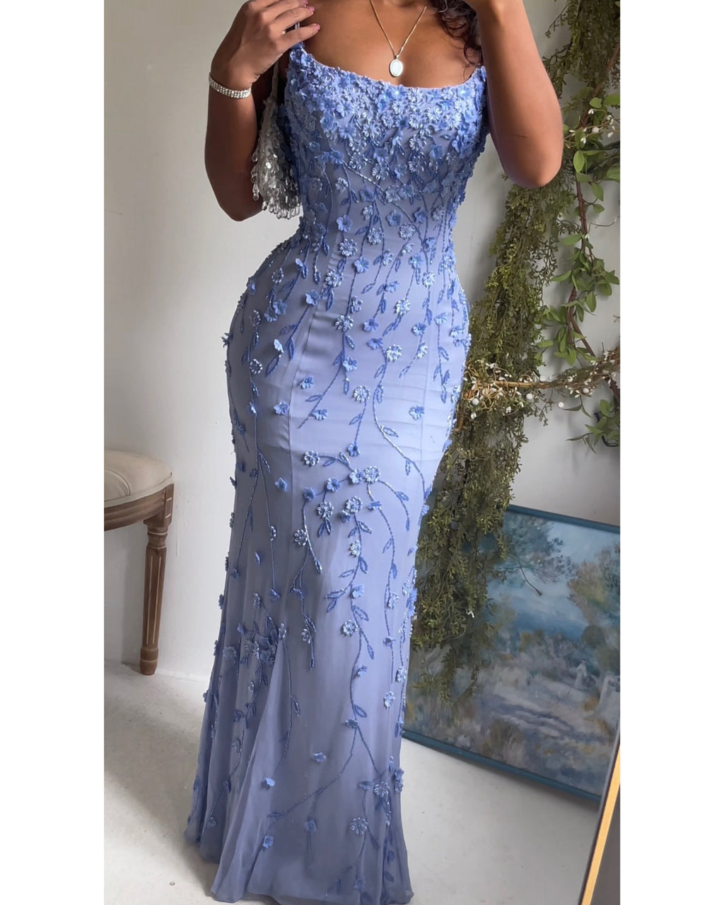 Y2K Beaded and Floral Embellished Periwinkle Silk Gown