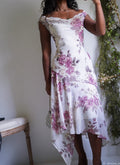 Y2K Cream Romantic Floral Fairy Hem Dress