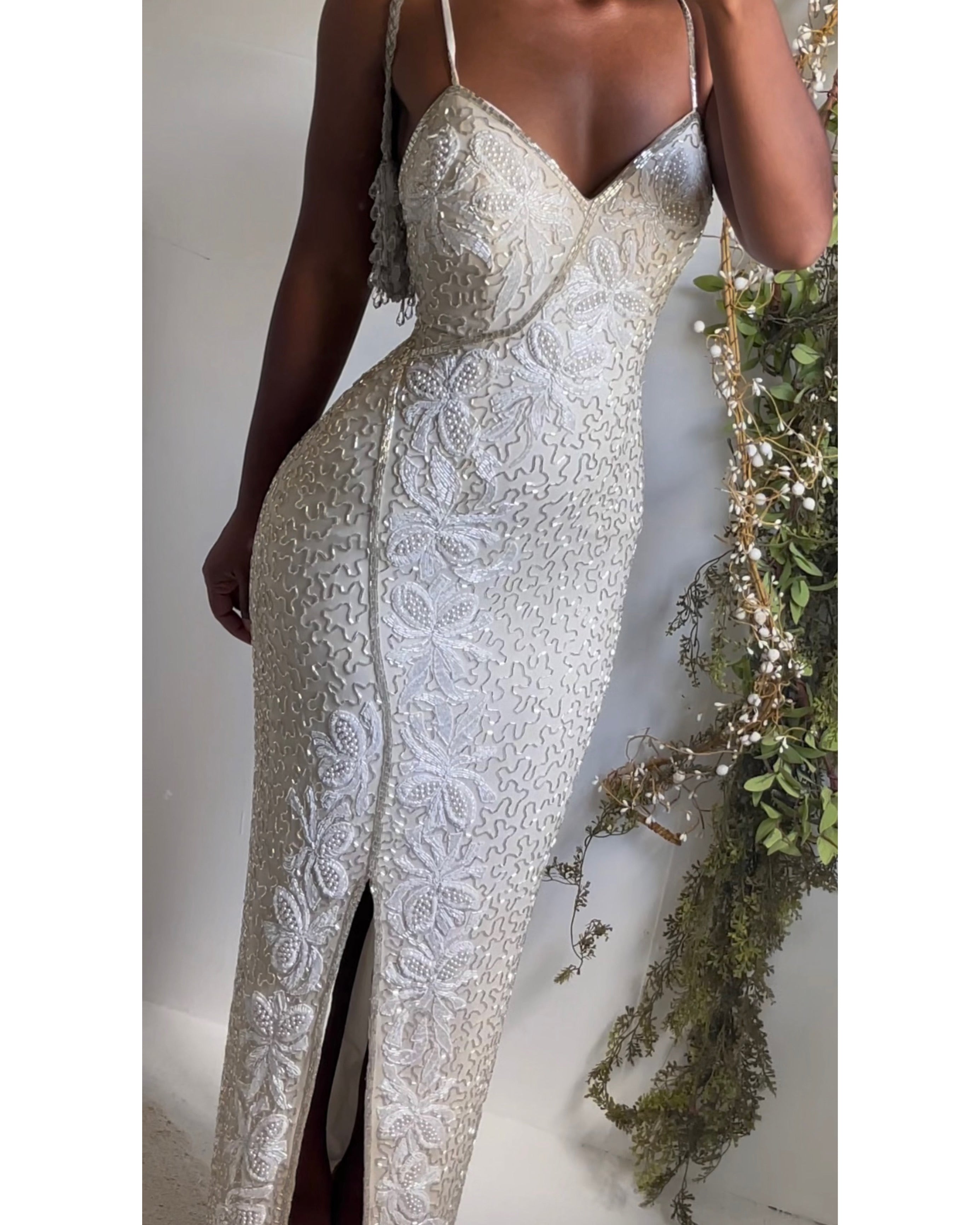 Rare Vintage 90’s Heavily Beaded Ivory Pearl Gown