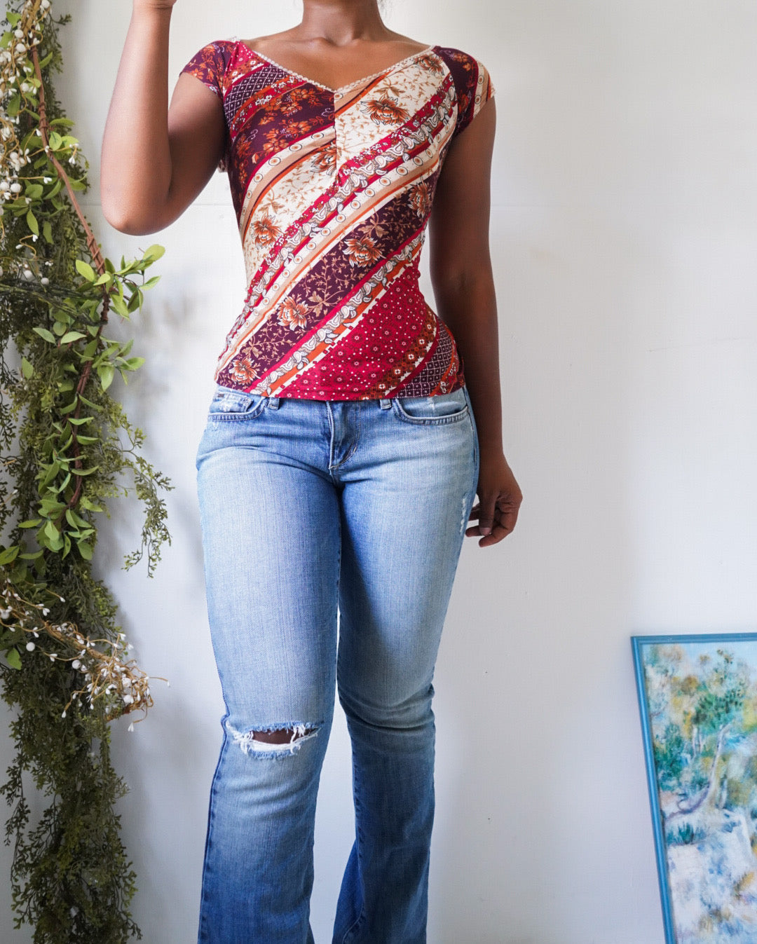 Y2K Paisley Boho Cinch Neckline Top