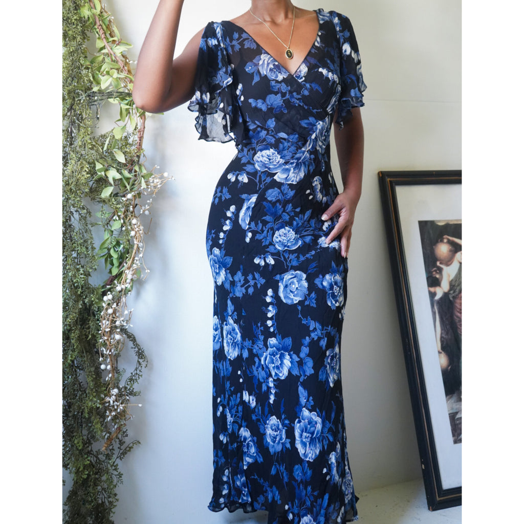 Romantic Blue Rose Sequin Beaded Maxi Dress