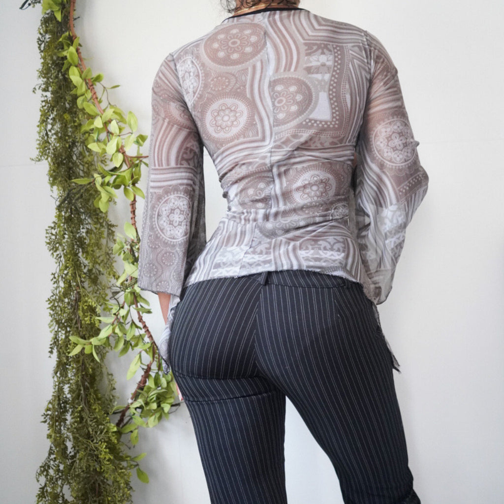 Grey Abstract Print Mesh Boho Flare Sleeve Top