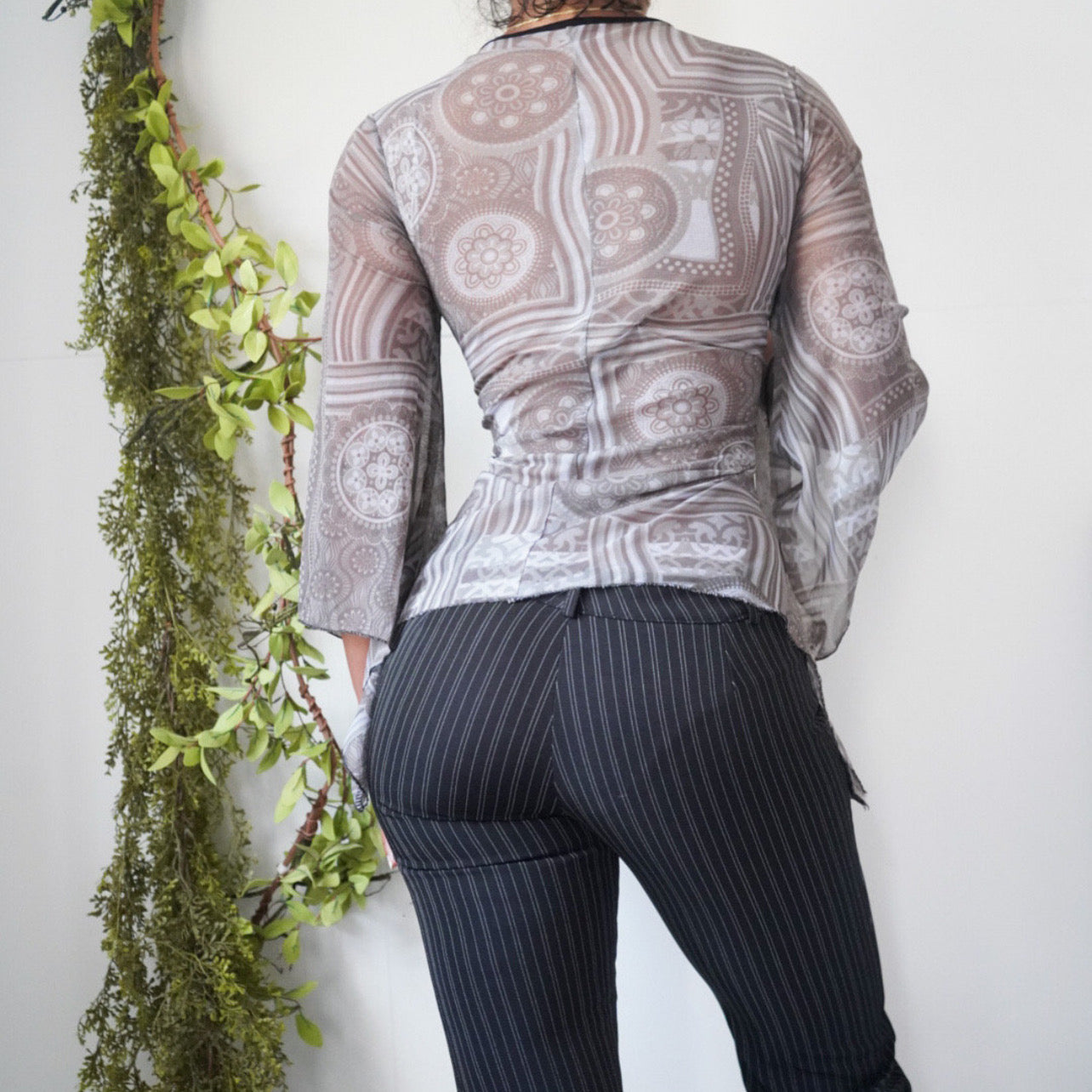 Grey Abstract Print Mesh Boho Flare Sleeve Top