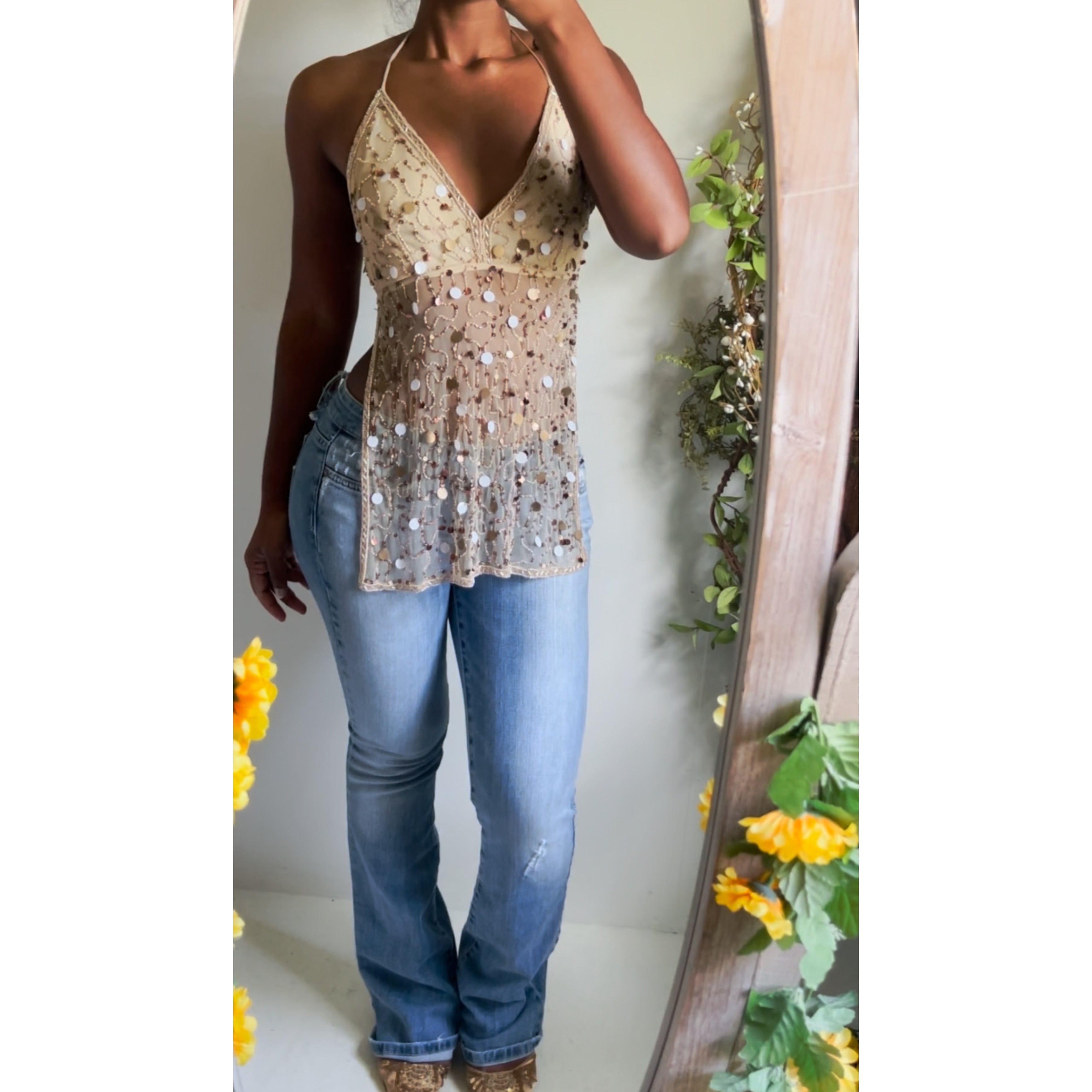 Y2K Gold Sequin Beaded Halter Tie Back Top