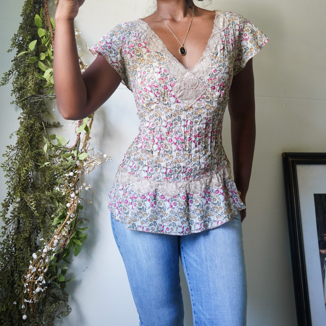 Crinkle Pleat Romantic Floral Top