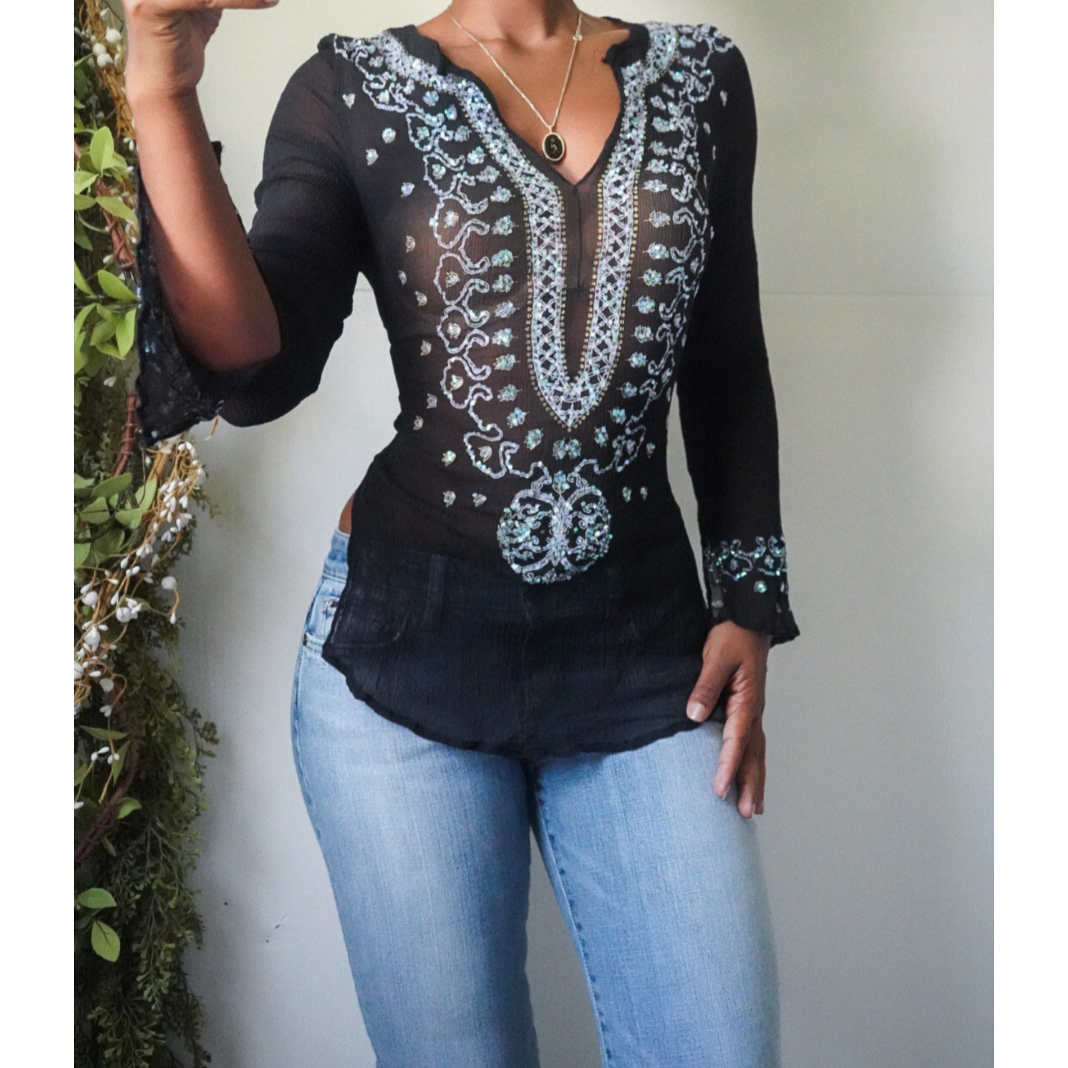 Boho Chiffon Sequin Long Sleeve Top