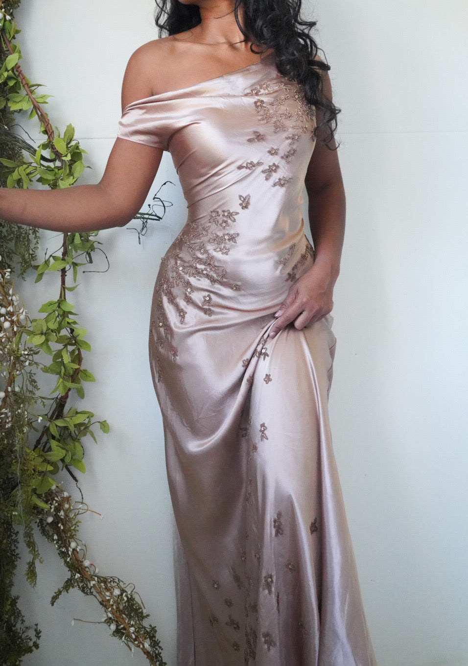 Iridescent Champagne Beaded Satin Gown