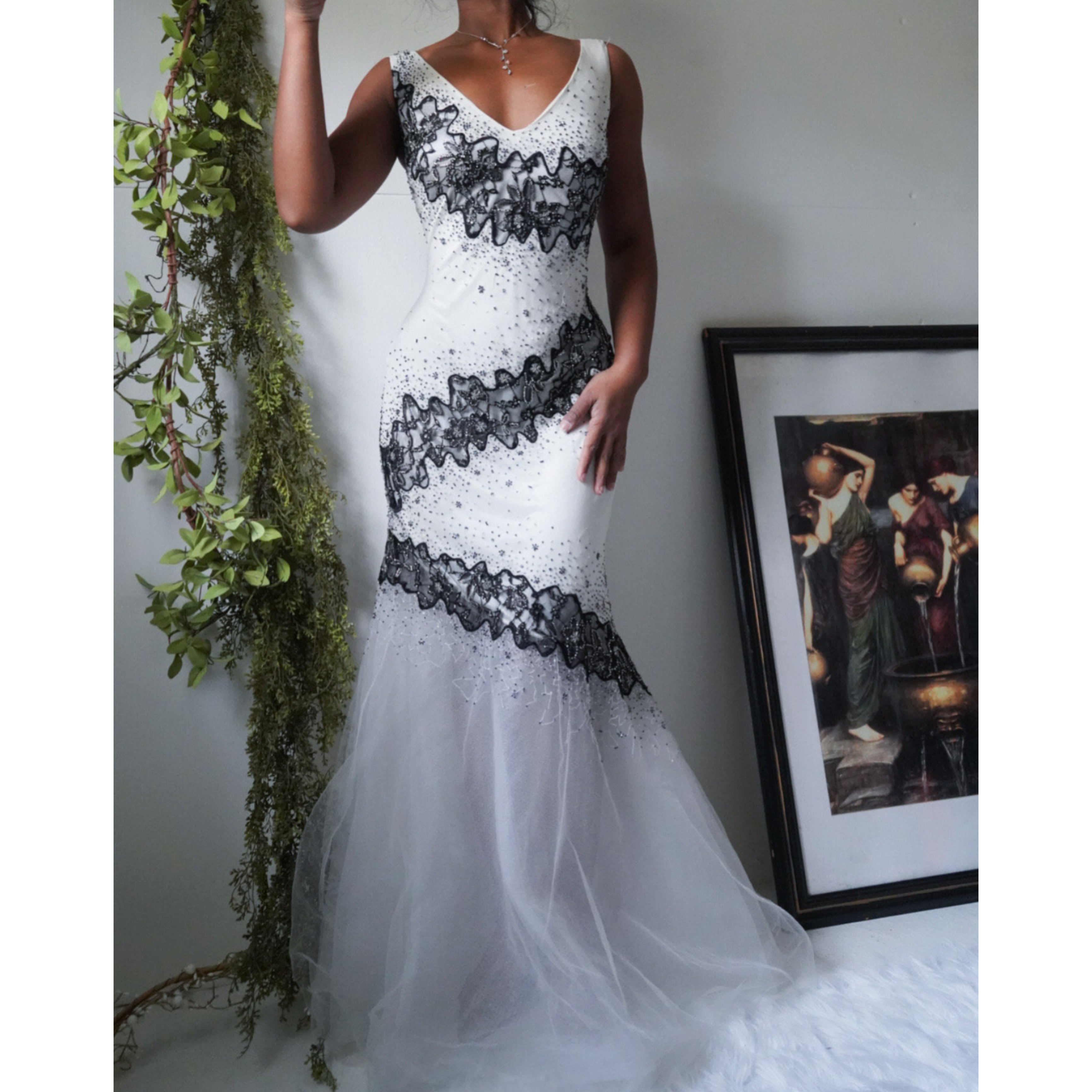 Y2K Beaded Monochrome Tulle Hem Gown