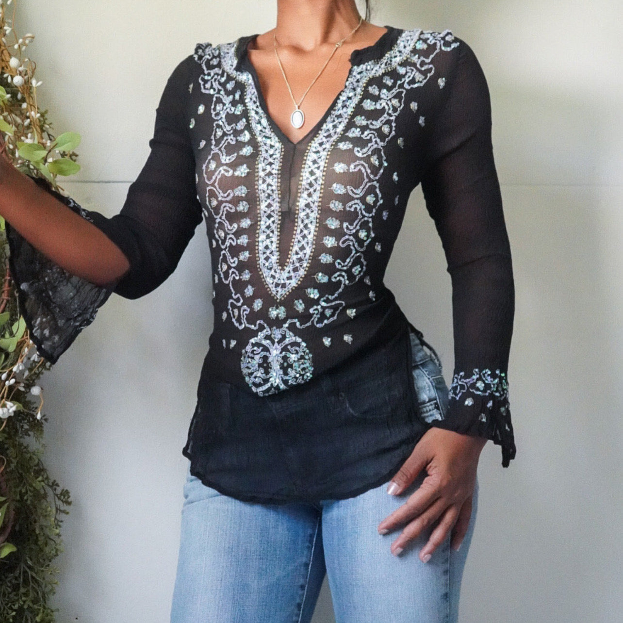 Boho Chiffon Sequin Long Sleeve Top