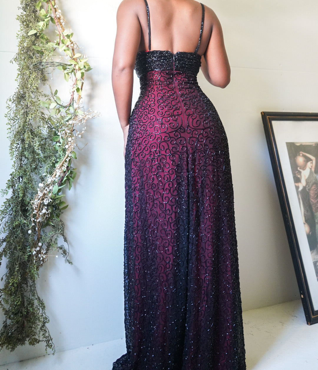 Beaded Black and Red Layered Gown