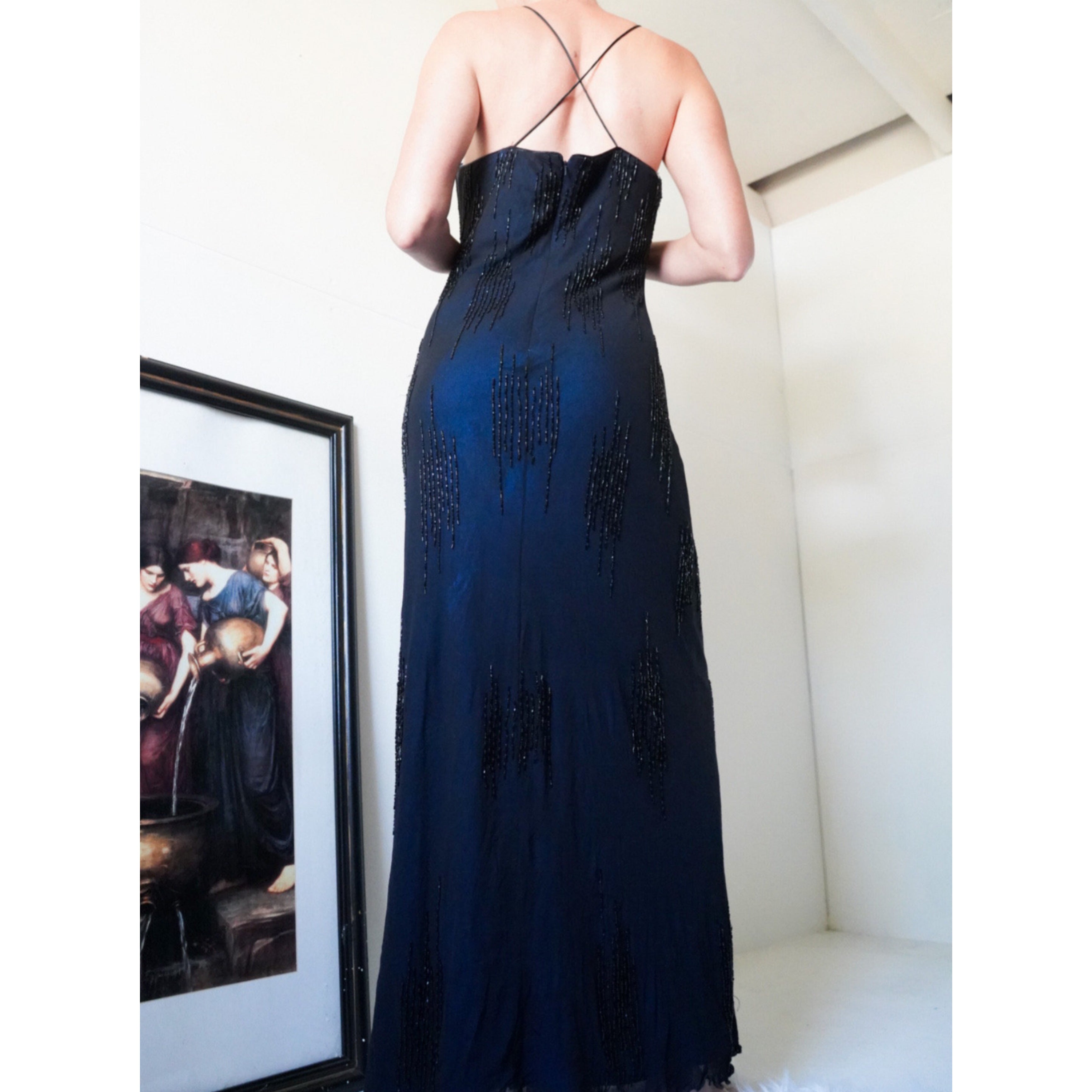 Blue and Black Beaded Layered Gown